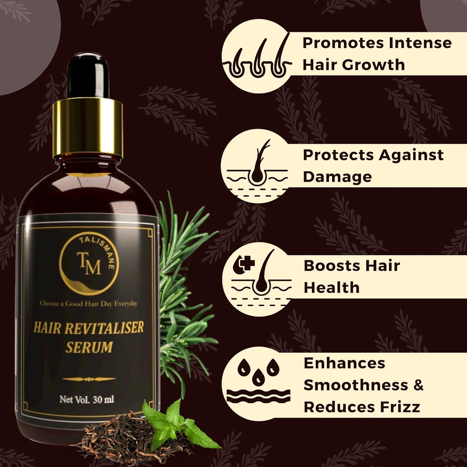 TALISMANE Professional Hair Revitaliser Serum (30ml) – Smoothens with Argan, Jojoba, Rosemary, Tea Tree & Wheat Germ Oil, Enhances Shine, Protects Dry, Frizzy Hair & Promotes Healthy Hair Growth - Image 3
