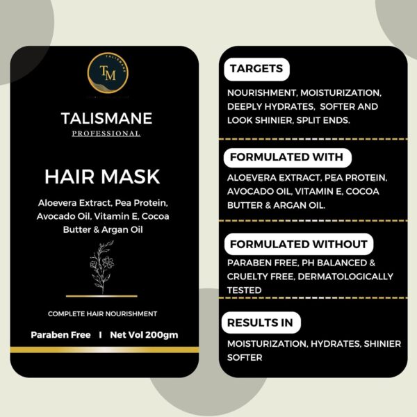 TALISMANE Professional Hair Mask (200 gm)- with Avocado, Pea Protein, Aloe Vera, Vitamin E for Nourishing, Hydrating Hair Treatment for Dry & Damaged Hair, Promotes Hair Growth for Men & Women - Image 4