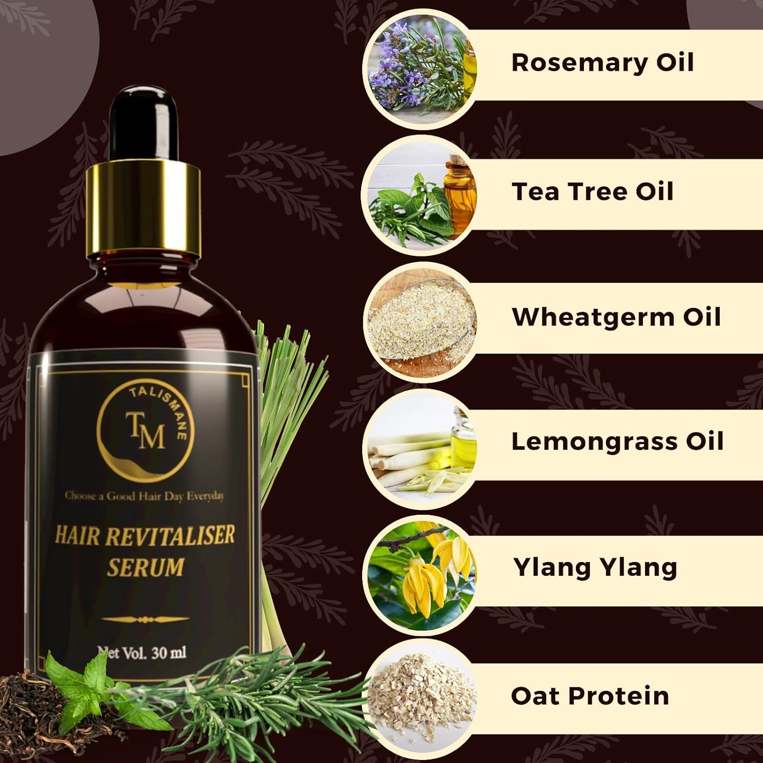 TALISMANE Professional Hair Revitaliser Serum (30ml) – Smoothens with Argan, Jojoba, Rosemary, Tea Tree & Wheat Germ Oil, Enhances Shine, Protects Dry, Frizzy Hair & Promotes Healthy Hair Growth - Image 4